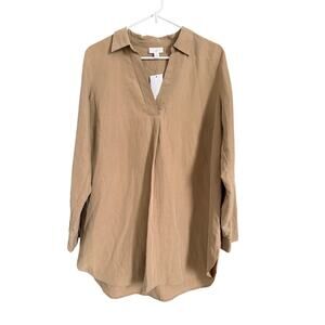 NWT J.Jill Womens Medium Tan Long Sleeve Tunic Blouse V Neck Casual Top